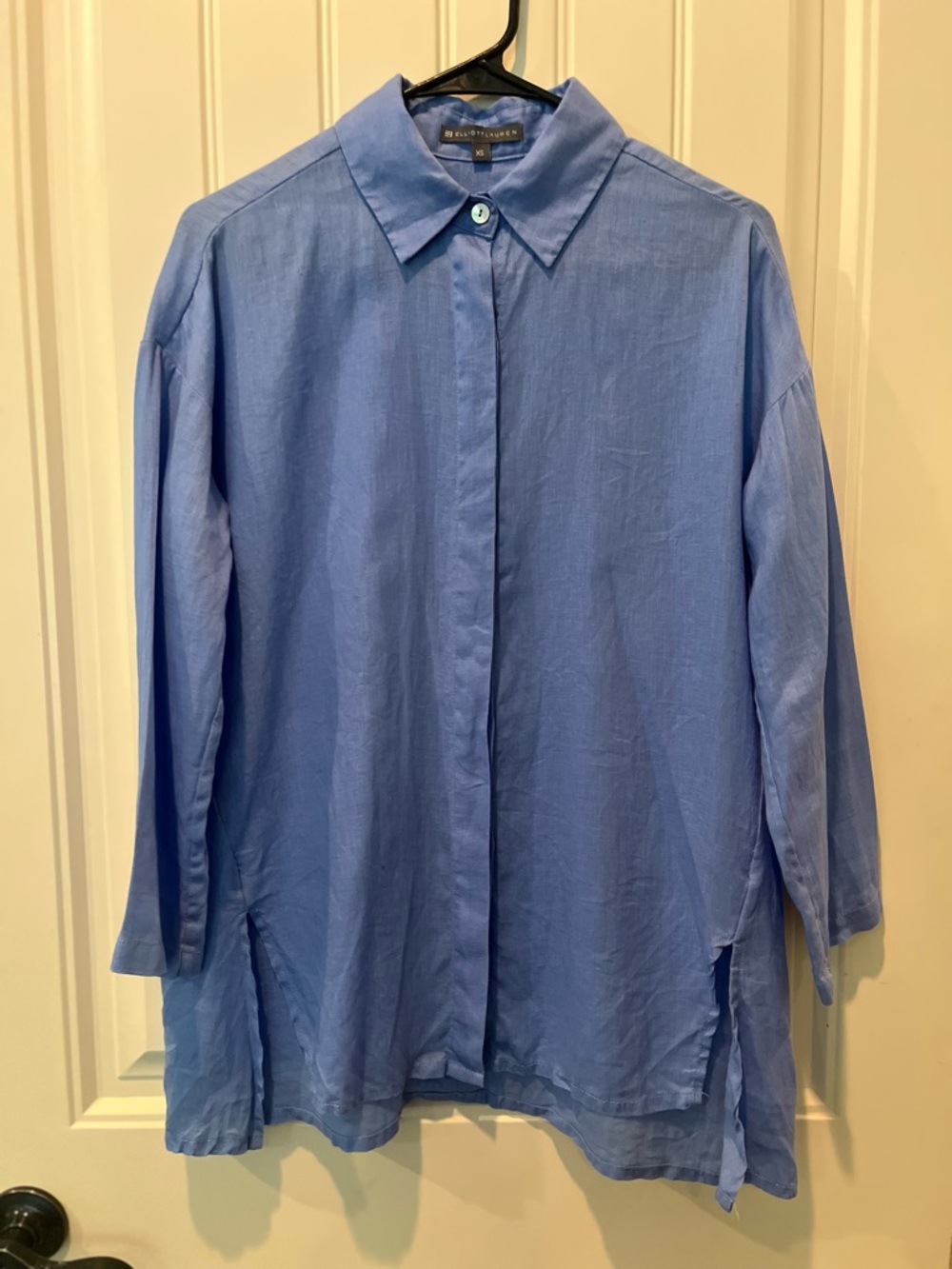 Elliott Lauren XS 100% Linen Relaxed Button-Up Shirt Blue Spring Perfect LW Chic